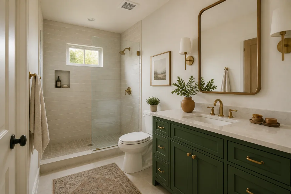 Bathroom concept with a tiled walk-in shower, green vanity, oak details and brass fixtures