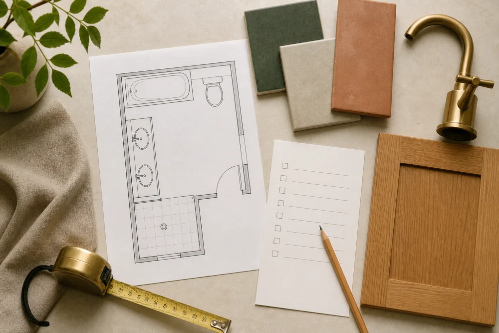 Bathroom floor plan with a tape measure, tile samples, wood sample and blank checklist