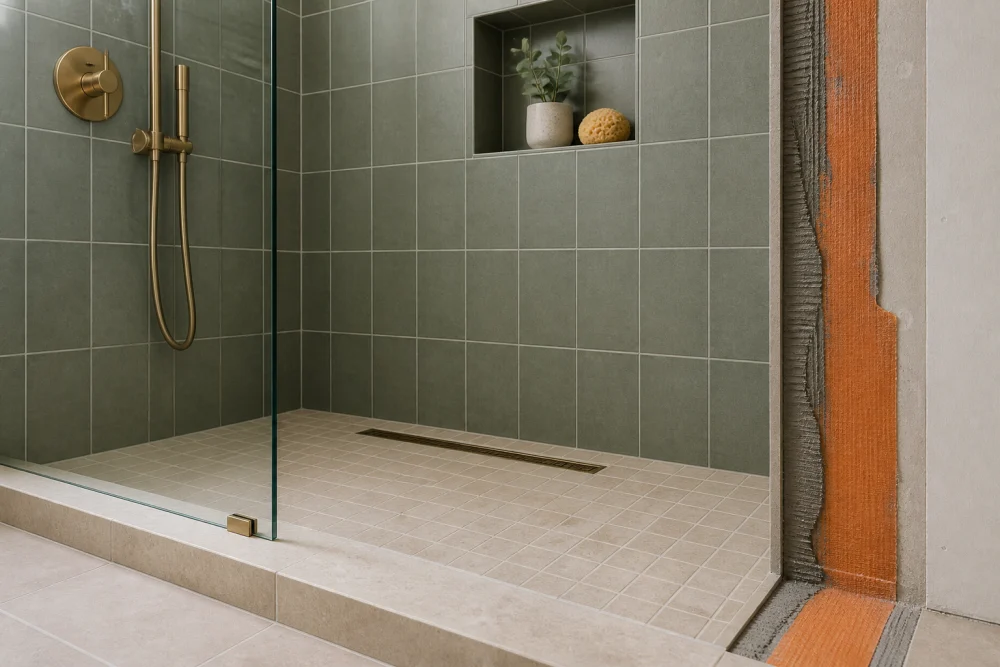 Green tile shower concept with a niche, glass screen, linear drain and exposed waterproofing edge